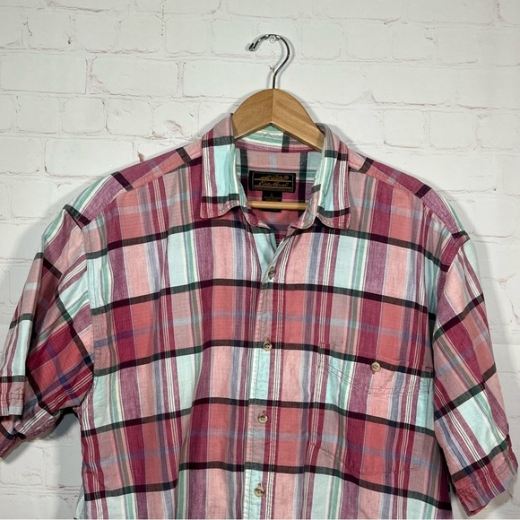 Vintage Eddie Bauer Plaid Button Up Shirt Mens Size Large Pink Colorful 90’s - Picture 2 of 10